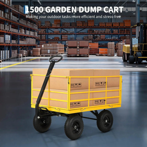 Beast 1400 Pound Garden Dump Cart 3 In 1 Yard Wagon with boxes, removable side panels, and 13 inch all terrain tires in warehouse