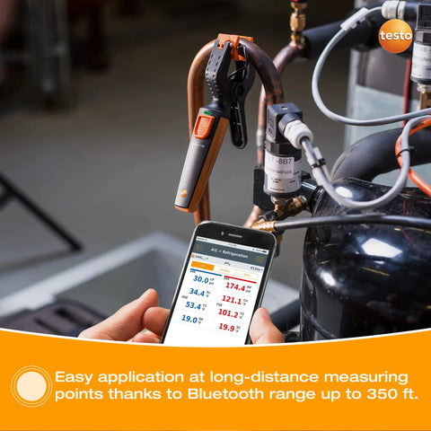 Technician using HVAC In-Pipe Temperature Probe With Bluetooth App, Clamp Meter For Heating And Cooling Systems, Precise Readings