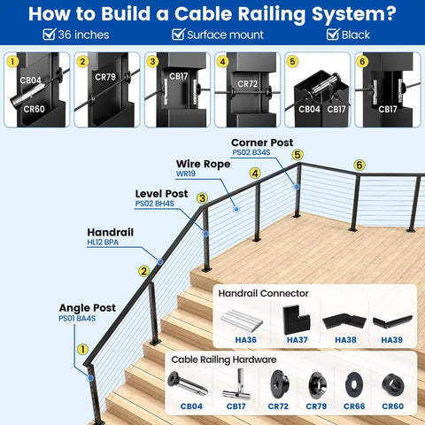 How to build a Rock Solid Heavy Duty Black Aluminum LED Cable Railing Handrail Six Foot Six Inches with components for deck and stairs.