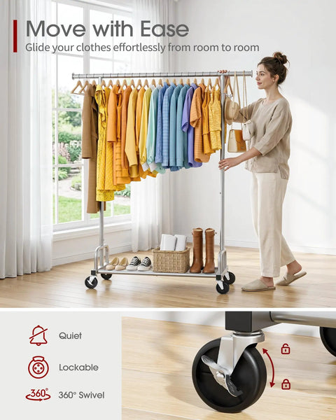 Heavy Duty Metal Clothes Rack With Sure Grip Lockable Wheels, Extendable Rod To Max Out Your Storage, Holds Every Fit You Own, Sleek Silver Design Keeps Small Bedrooms Or Entryways Clutter Free