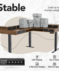 Top Shelf Badass Corner Electric Standing Desk With Spacious Storage Drawers And Clean Power Strip Tray Smooth Height Adjustable Gaming Table Sick Setup For Massive Dual Monitor Rigs Walnut with weight test.
