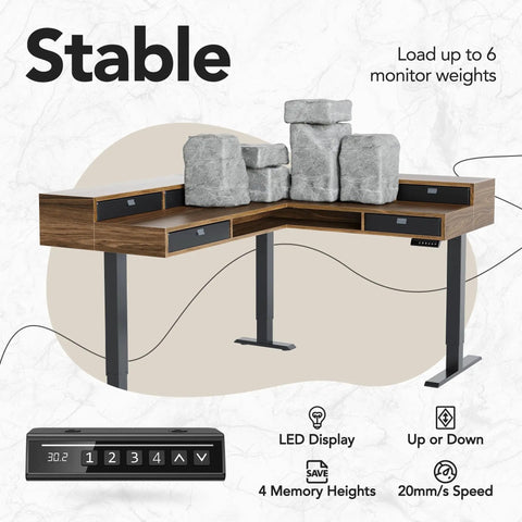Top Shelf Badass Corner Electric Standing Desk With Spacious Storage Drawers And Clean Power Strip Tray Smooth Height Adjustable Gaming Table Sick Setup For Massive Dual Monitor Rigs Walnut with weight test.