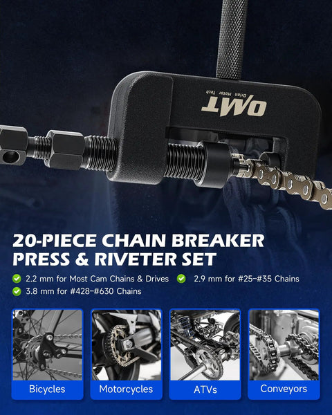 Close-up of Motorcycle Chain Rivet Tool Kit 20 Piece Set With Blackened C Frame and Pre Press Cap in use on chain.