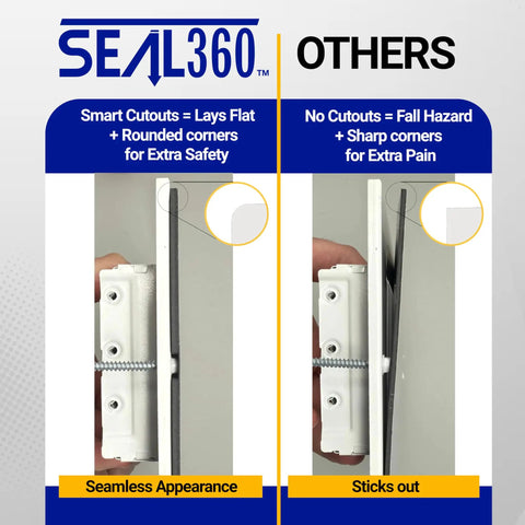 Comparison showing Seal360 with smart cutouts and competitor without, highlighting safety and seamless appearance differences.