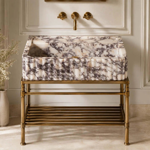 Calacatta Viola Marble Apron Sink, Hand-Carved Fluted Bathroom Washbasin on a metal stand, elegant design, rectangular structure.