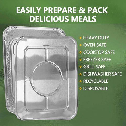 Heavy Duty Aluminum Foil Pans Set With Lids, 10 Pack Half Size Steam Table Trays, 9x13 Inches shown with safety features labeled