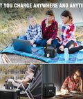 120Wh Portable Power Station With 200W Output, Six Output Ports, used by kids camping, man camping, and woman indoors