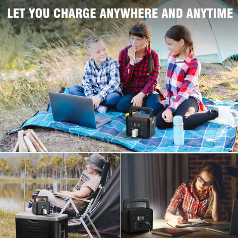 120Wh Portable Power Station With 200W Output, Six Output Ports, used by kids camping, man camping, and woman indoors