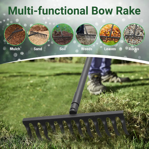 Heavy Duty Bow Rake With 60 Inch Adjustable Handle and 17 Inch Metal Head raking grass on a lawn