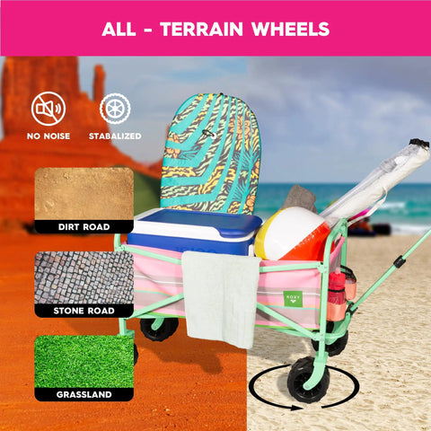 Heavy Duty Folding Beach Wagon Cart With All Terrain Wheels, Big Storage Capacity, adjustable handle on beach sand