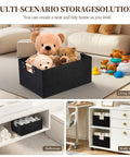 Heavy Duty Foldable Storage Baskets In Matte Black With Chunky Wood Handles Rectangle Linen Cube Organizer Box for toys on rug.