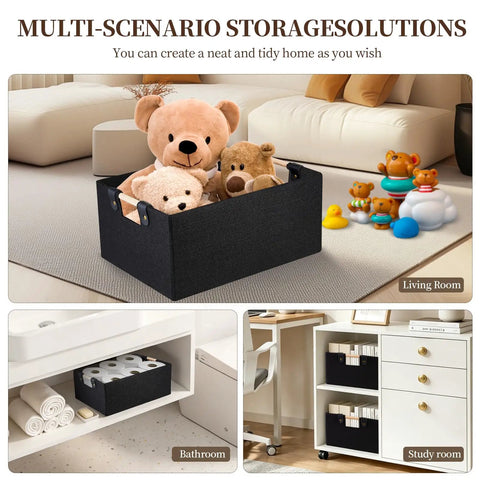 Heavy Duty Foldable Storage Baskets In Matte Black With Chunky Wood Handles Rectangle Linen Cube Organizer Box for toys on rug.