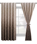 Brown Ombre Curtain Panels Set Of 2 For Small Windows 42W X 63L Each Room Darkening Light Blocking Blockout Thermally Insulated Damask Drapes Back Tab Or Rod Pocket Or Clip Ring Tiebacks Included 84 Inch Total Width displayed on window with one panel tied.