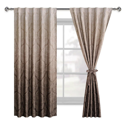 Brown Ombre Curtain Panels Set Of 2 For Small Windows 42W X 63L Each Room Darkening Light Blocking Blockout Thermally Insulated Damask Drapes Back Tab Or Rod Pocket Or Clip Ring Tiebacks Included 84 Inch Total Width displayed on window with one panel tied.