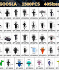 Chart displaying auto clips from the 1801Pcs Universal Auto Clips Kit With 40 Popular Sizes And Fastener Remover