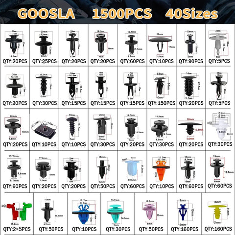 Chart displaying auto clips from the 1801Pcs Universal Auto Clips Kit With 40 Popular Sizes And Fastener Remover