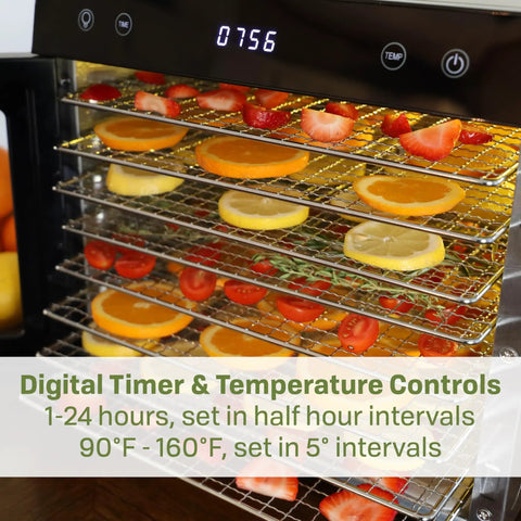 Top Shelf Eight Tray Stainless Steel Food Dehydrator Running Smooth With Digital Timer And Adjustable Temp Control, drying fruit slices.