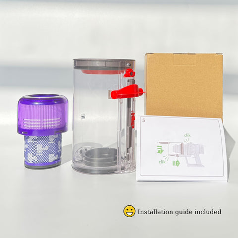 Beefed Up Large Dust Bin Replacement For V11 V15 SV14 SV15 SV22 Vacuum Cleaners With 1 HEPA Filter, boxed with guide