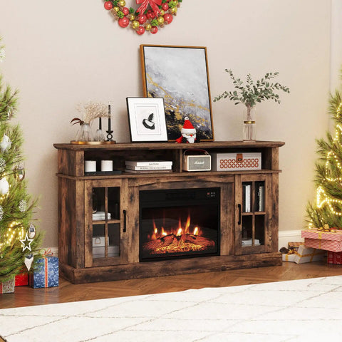 Electric Fireplace TV Stand For 65 Inch TVs With 23 Inch Fireplace Insert in a cozy living room with decorations.