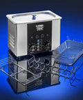 Commercial Ultrasonic Cleaner Platinum Edition 2.2 Liter Hella Tough Unit with stainless steel basket and wire rack.