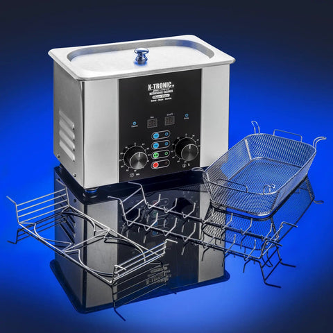 Commercial Ultrasonic Cleaner Platinum Edition 2.2 Liter Hella Tough Unit with stainless steel basket and wire rack.