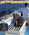 50L Fishing Tackle Backpack With Built In Rod Holder Water Resistant Outdoor Gear on boat with waterproof fabric close-up