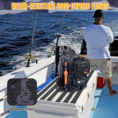 50L Fishing Tackle Backpack With Built In Rod Holder Water Resistant Outdoor Gear on boat with waterproof fabric close-up