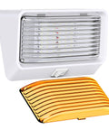 Rugged 12V LED RV Exterior Porch Light With Switch, 300 Lumen Ultra Bright Fixture, white housing, clear and amber lens, front view