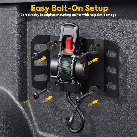 Tough Auto Retractable Ratchet Cargo Straps For Ford F150 Truck Bed Haulin Setup Boss Tie Downs shown in easy bolt-on setup.