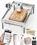 Laser engraver machine, 12W, Carverall silver desktop CNC with 7.9 x 11.8 in engraving area and wooden sample.