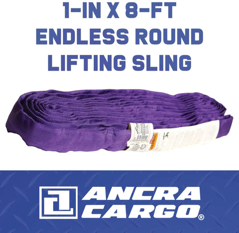 Endless Round Cargo Lifting Sling Heavy Duty Workhorse Solid Durability No Sweat Rigging One Inch By Eight Foot Purple Double Wall Polyester Cover Continuous Loop Synthetic Core Abrasion Resistant Industrial Hoist Strap