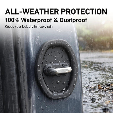 Built Damn Solid Black Silicone Door Latch Cover Kit That Shields Your Rig From Rust And Dents While Keeping Heavy Doors Shutting Tight For Every Daily Drivers Car Or Pickup in heavy rain with water droplets.