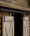 Eight Foot Double Barn Door Hardware Kit With Sliding Box Rail Ceiling Mount installed on wooden exterior doors