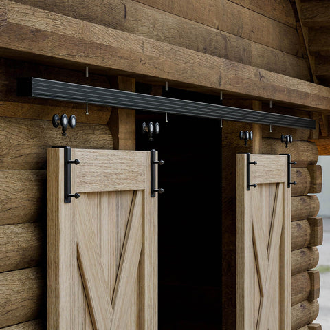 Eight Foot Double Barn Door Hardware Kit With Sliding Box Rail Ceiling Mount installed on wooden exterior doors