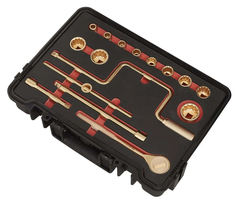 Rigged Out 17 Piece Half Inch Square Drive Socket Set Crafted From DropForged Beryllium Copper with case and tools displayed.