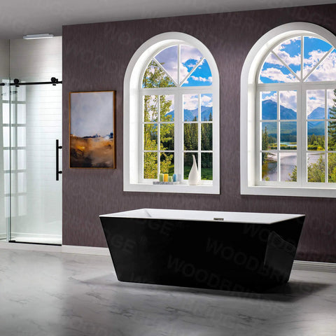 Contemporary 67 Inch Freestanding Acrylic Soaking Bathtub With Matte Black Drain And Overflow in modern bathroom setting.