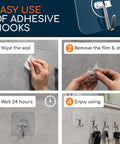 Steps to use Clear Adhesive Wall Hooks Set Heavy Duty No Drill 22 Lb Capacity Waterproof Transparent Towel Hooks 12 Pack.