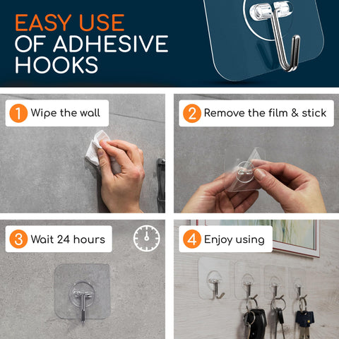 Steps to use Clear Adhesive Wall Hooks Set Heavy Duty No Drill 22 Lb Capacity Waterproof Transparent Towel Hooks 12 Pack.