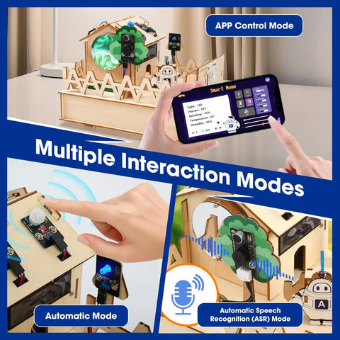 IoT Smart Home Hands-On Coding Kit for Arduino Fans with app control, sensors, and voice recognition on a wooden puzzle setup.