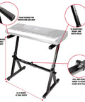 Z Style Adjustable Portable Heavy Duty Keyboard Stand For 49 To 88 Key Keyboards Pianos Turntables And MIDI Gear with height and width adjustments, foam padding for protection, and durable steel frame.