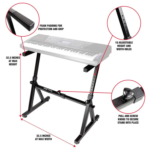 Z Style Adjustable Portable Heavy Duty Keyboard Stand For 49 To 88 Key Keyboards Pianos Turntables And MIDI Gear with height and width adjustments, foam padding for protection, and durable steel frame.