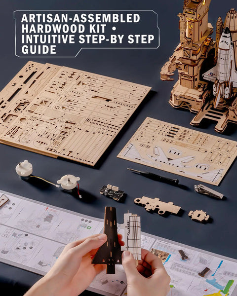 Hands assembling Space Shuttle 3D Puzzle For Adults With Lighting, Interactive DIY Building Model on a table with parts and instructions.