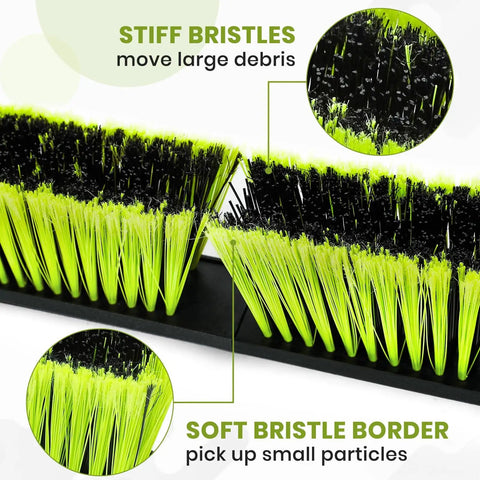 Close-up of 24 Inch Push Broom Outdoor with stiff bristles for large debris and soft bristle border for small particles.