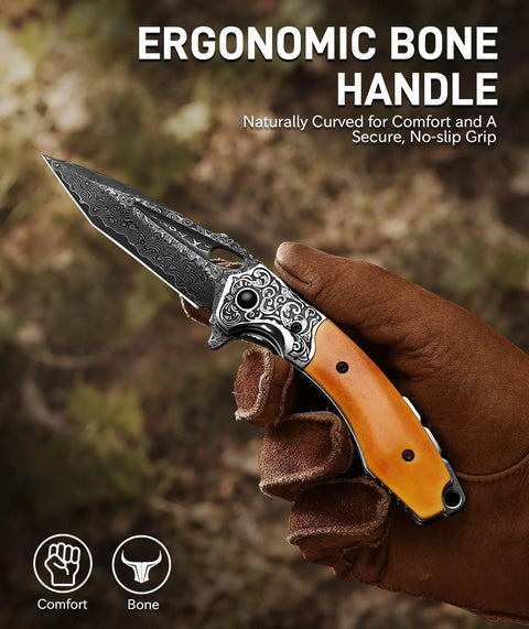 Hand holding Damascus Pocket Knife 76-Layer Blade VG-10 Core Folding Knife For Camping And Outdoor Adventures in forest