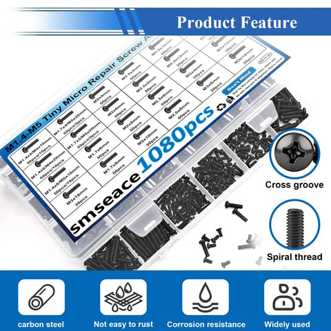 1080 Piece Tiny Micro Repair Screw Kit With 28 Sizes M1.4 To M5 Nuts And Bolts Stainless Steel 304 Assortment in storage box