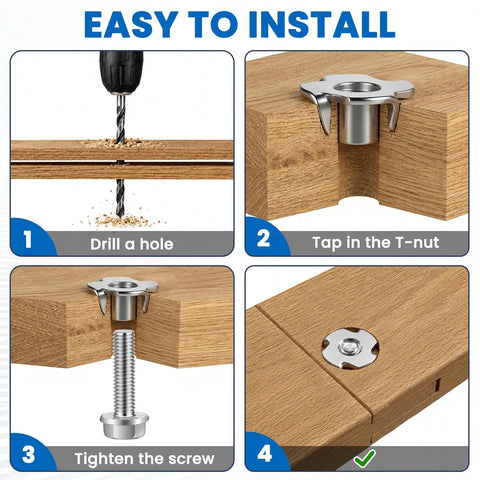 Easy installation steps for Ruggedly Crafted 1 4 20 Tee Nuts Made From Hella Durable 304 Stainless Steel 4 Prong Threaded Inserts.