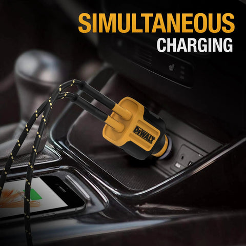 Fast Charging Dual USB Car Charger Adapter 24W plugged into cigarette lighter with two cables connected, phone nearby.