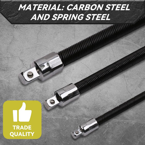 Flexible Socket Extension Bar Set with carbon and spring steel material for efficient bolt access in tight spaces.