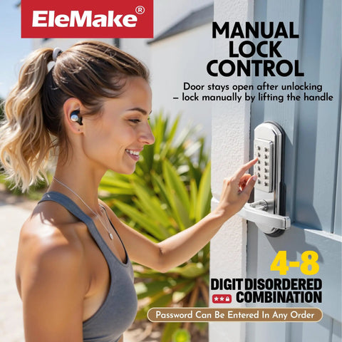 Keypad Door Lock With Keyless Entry Mechanical Combination Code Lock With Lever Handle Right Handed Stainless Steel 304 Door Lock Not A Deadbolt Easy Install Durable Security For Residential Doors installed on an outdoor door with a woman entering a code.