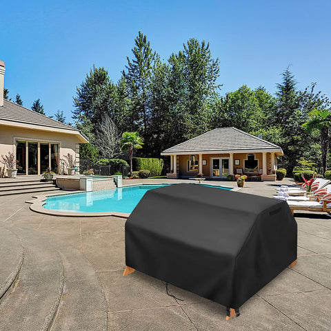 Heavy Duty Waterproof Kids Picnic Table Cover fits 3 in 1 Wooden Sand and Water Table on patio, 39 inch square, black cover.